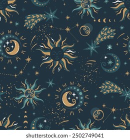 Trendy celestial seamless pattern, spiritual background hand drawn, stars, moon, space, great for textiles, wallpapers, surfaces - vector design