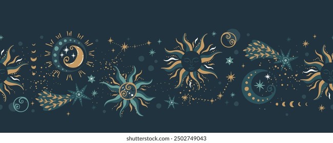 Trendy celestial seamless pattern, spiritual background hand drawn, stars, moon, space, great for textiles, wallpapers, surfaces - vector design