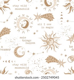 Trendy celestial seamless pattern, spiritual background hand drawn, stars, moon, space, great for textiles, wallpapers, surfaces - vector design