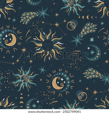 Trendy celestial seamless pattern, spiritual background hand drawn, stars, moon, space, great for textiles, wallpapers, surfaces - vector design