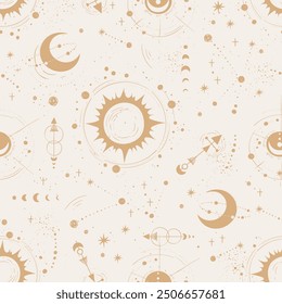 Trendy celestial seamless pattern, zodiac background hand drawn, stars, moon, space, great for textiles, wallpapers, surfaces - vector design