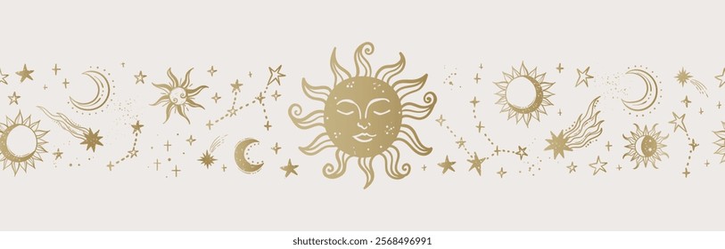 Trendy celestial seamless pattern, zodiac background hand drawn, stars, moon, space, great for textiles, wallpapers, surfaces - vector design