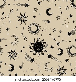 Trendy celestial seamless pattern, zodiac background hand drawn, stars, moon, space, great for textiles, wallpapers, surfaces - vector design