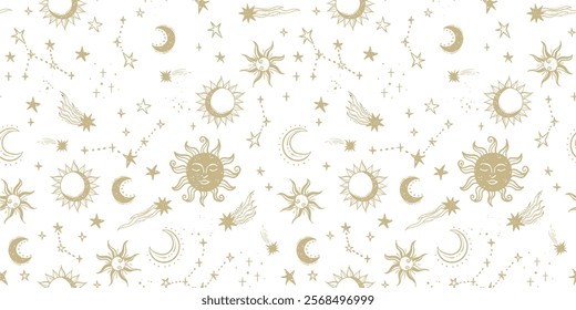 Trendy celestial seamless pattern, zodiac background hand drawn, stars, moon, space, great for textiles, wallpapers, surfaces - vector design