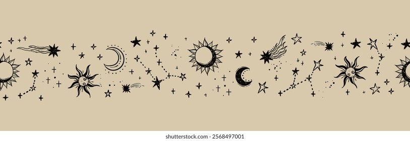 Trendy celestial seamless pattern, zodiac background hand drawn, stars, moon, space, great for textiles, wallpapers, surfaces - vector design