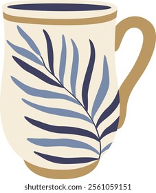 Trendy ceramic mug with a minimalist blue leaf design and golden accents adds a touch of nature to your daily coffee or tea ritual, perfect for showcasing in modern kitchens and cozy cafes