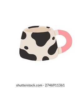 Trendy Ceramic Mug Set. Pottery Style Cups with Cow Print, Egg, Stripe, Heart, Colorful Patterns. Modern Kitchenware Hand Drawn Vector Illustration