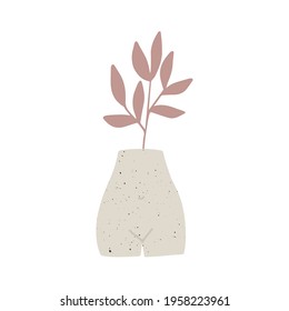 Jarrón de cerámica de moda con planta, ilustración vectorial de hoja. Arte contemporáneo. Afiche moderno, decoración de pared botánica. Elementos de diseño interior aislados en un fondo blanco.
