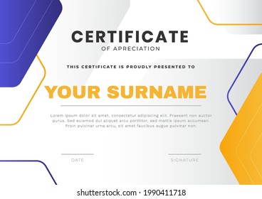 Trendy Certificate Design Template mit modernem geometrischem Hintergrund. Vektorfertige Druckvorlage.