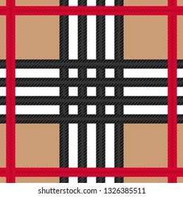 Trendy chackered plaid with black, white and red stripes. Seamless vector pattern with elegant classical design. Retro textile collection. On brown background.