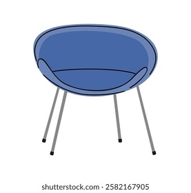 Trendy chair design in retro mid century 70s style. Armchair with metal base and blue upholstered pads. Cozy lounge furniture. Colored flat vector illustration isolated on white background