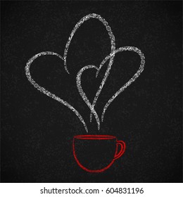 Trendy chalk effect illustration of coffee mug with two steaming hearts above it on a blackboard background