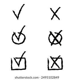 Trendy Chalk texture Check Mark set isolated white. Simple black Doodle checklist template design. Vector illustrtaion. EPS 10