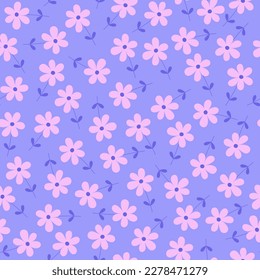 Trendy Chamomile seamless pattern. Cute violet and purple floral repeat vector illustration with small daisy flowers. Girly repeat vector illustration