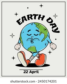 Trendy Character in groovy style. Elements of y2k design. Cloud. Planet and sphere. Environment. Preserving the planet. Earth Day. Vector illustration. Retro and hippie style. 70s, 80s, 90s. The plant
