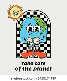 Trendy Character in groovy style. Elements of y2k design.  Environment. Preserving the planet. Earth Day. Vector illustration. Retro and hippie style. 70s, 80s, 90s. The planet is falling a leaf. Eco