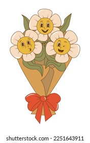 Trendy characters bouquet cartoon groovy daisies in retro style. 60s 70s aesthetics vintage vector illustration. Valentines day concept.