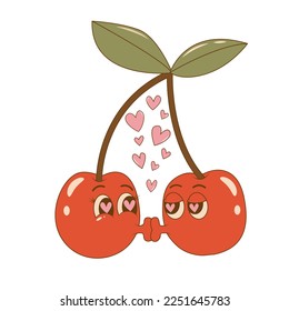 Trendy characters cartoon groovy kissing couple cherry in retro style. 60s 70s aesthetics vintage vector illustration. Valentines day concept.
