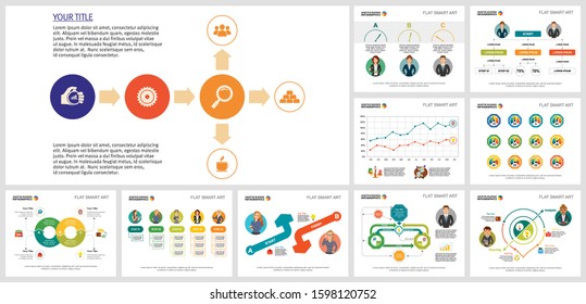 Trendy chart design set for management layout, annual report, presentation, web design. Business and statistics concept with process diagram, line, percentage, step, and cycle charts.