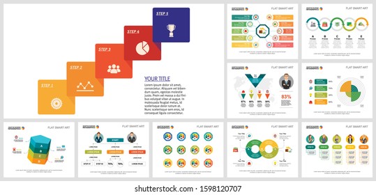 Trendy chart layout set for director template, annual analytics, presentation slide, web page. Business and statistics concept with step diagram, pie, percentage, process, and cycle charts