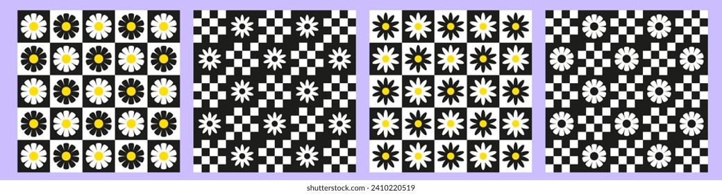Trendy checkerboard seamless pattern set with daisy flowers. Collection of retro background in style 70s, 80s