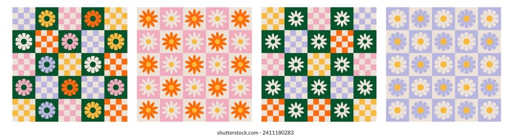 Trendy checkerboard seamless pattern set with daisy flowers. Collection of retro background in style 70s, 80s