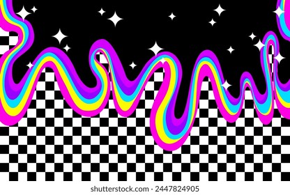 Trendy checkered backgrounds with bright psychedelic rainbow frame. Graphic element  for fabric, textile, clothing, wrapping paper, wallpaper, poster, cover, template