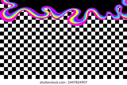 Trendy checkered backgrounds with bright psychedelic rainbow frame. Graphic element  for fabric, textile, clothing, wrapping paper, wallpaper, poster, cover, template