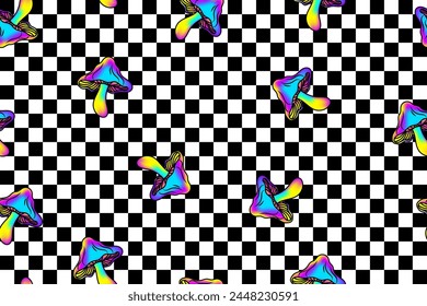 Trendy checkered backgrounds with bright psychedelic rainbow mushrooms. Graphic element  for fabric, textile, clothing, wrapping paper, wallpaper, poster, cover, template