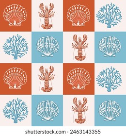 Trendy Checkered hand drawn Summer  Red Lobster , Sea shell , Corals Seamless Pattern Vector Illustration ,Design for fashion , fabric, textile, wallpaper , wrapping and all prints