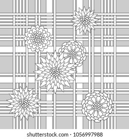 Trendy checkered patten with overlapping white stripes and abstract flowers. Seamless print for suits, coats, shirts, school uniform. Classical textile collection. Grey, white, black.