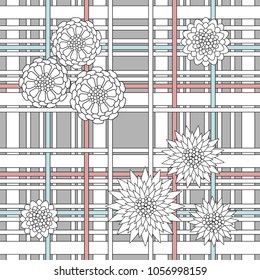 Trendy checkered patten with overlapping white and red stripes and abstract flowers. Seamless print for suits, coats, shirts, school uniform. Classical textile collection. Grey, white, black.