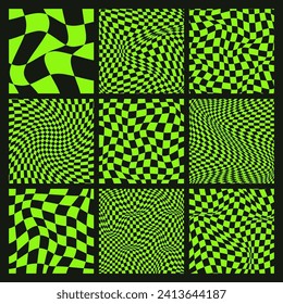 Trendy checkered pattern, black and green distorted tiled grid. Wavy curved backdrop, distortion effect. Funky geometric chessboard texture, retro background in 90s style, y2k. Vector illustration
