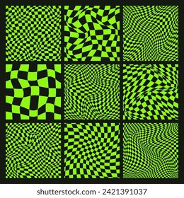 Trendy checkered pattern, black and green distorted tiled grid. Wavy curved backdrop, distortion effect. Funky geometric chessboard texture, retro background in 90s style, y2k. Vector illustration
