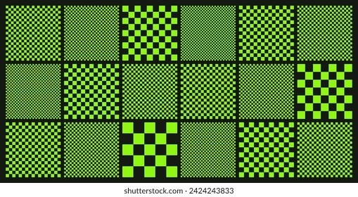 Trendy checkered pattern, black and green tiled grid. Funky geometric chessboard texture, retro background in 90s style, y2k. Vector illustration.