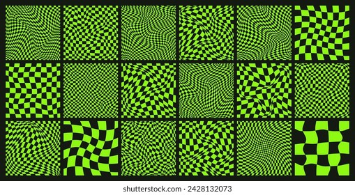 Trendy checkered pattern, black and green distorted tiled grid. Wavy curved backdrop, distortion effect. Funky geometric chessboard texture, retro background in 90s style, y2k. Vector illustration