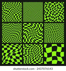 Trendy checkered pattern, black and green distorted tiled grid. Wavy curved backdrop, distortion effect. Funky geometric chessboard texture, retro background in 90s style, y2k. Vector illustration