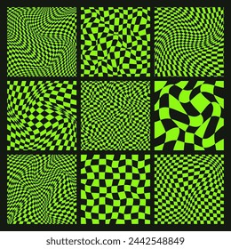 Trendy checkered pattern, black and green distorted tiled grid. Wavy curved backdrop, distortion effect. Funky geometric chessboard texture, retro background in 90s style, y2k. Vector illustration