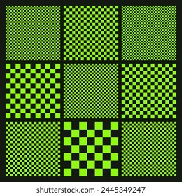 Trendy checkered pattern, black and green tiled grid. Funky geometric chessboard texture, retro background in 90s style, y2k. Vector illustration.