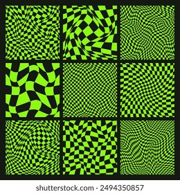 Trendy checkered pattern, black and green distorted tiled grid. Wavy curved backdrop, distortion effect. Funky geometric chessboard texture, retro background in 90s style, y2k. Vector illustration.