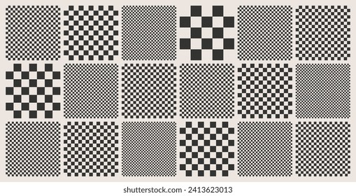 Trendy checkered pattern, black and white tiled grid. Funky geometric chessboard texture, retro background in 90s style, y2k. Vector illustration