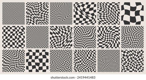 Trendy checkered pattern, black and white distorted tiled grid. Wavy curved backdrop, distortion effect. Funky geometric chessboard texture, retro background in 90s style, y2k. Vector illustration