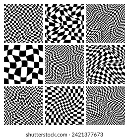 Trendy checkered pattern, black and white distorted tiled grid. Wavy curved backdrop, distortion effect. Funky geometric chessboard texture, retro background in 90s style, y2k. Vector illustration