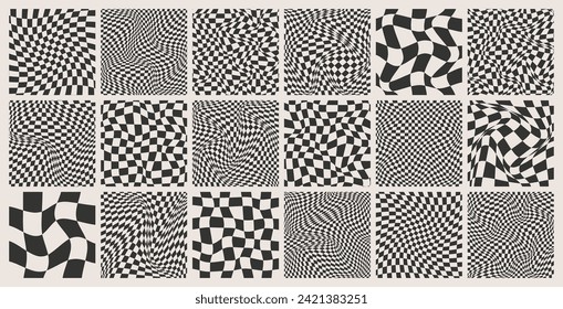 Trendy checkered pattern, black and white distorted tiled grid. Wavy curved backdrop, distortion effect. Funky geometric chessboard texture, retro background in 90s style, y2k. Vector illustration