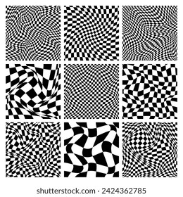 Trendy karierte Muster, schwarz-weißes verzerrtes Fliesengitter. Wavy gebogener Hintergrund, Verzerrungseffekt. Funky geometrische Schachbrettstruktur, Retrohintergrund im Stil der 90er Jahre, y2k. Vektorgrafik