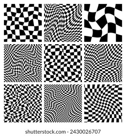 Trendy checkered pattern, black and white distorted tiled grid. Wavy curved backdrop, distortion effect. Funky geometric chessboard texture, retro background in 90s style, y2k. Vector illustration