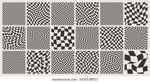 Trendy kariertes Muster, schwarz-weiß verzerrte Fliesenraster. Wellenförmiger gekrümmter Hintergrund, Verzerrungseffekt. Funky geometrische Schachbrett-Textur, Retro-Hintergrund im 90er Jahre-Stil, Y2K. Vektorgrafik