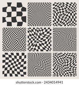 Trendy checkered pattern, black and white distorted tiled grid. Wavy curved backdrop, distortion effect. Funky geometric chessboard texture, retro background in 90s style, y2k. Vector illustration
