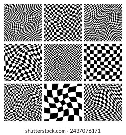 Trendy checkered pattern, black and white distorted tiled grid. Wavy curved backdrop, distortion effect. Funky geometric chessboard texture, retro background in 90s style, y2k. Vector illustration