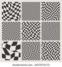 Trendy checkered pattern, black and white distorted tiled grid. Wavy curved backdrop, distortion effect. Funky geometric chessboard texture, retro background in 90s style, y2k. Vector illustration